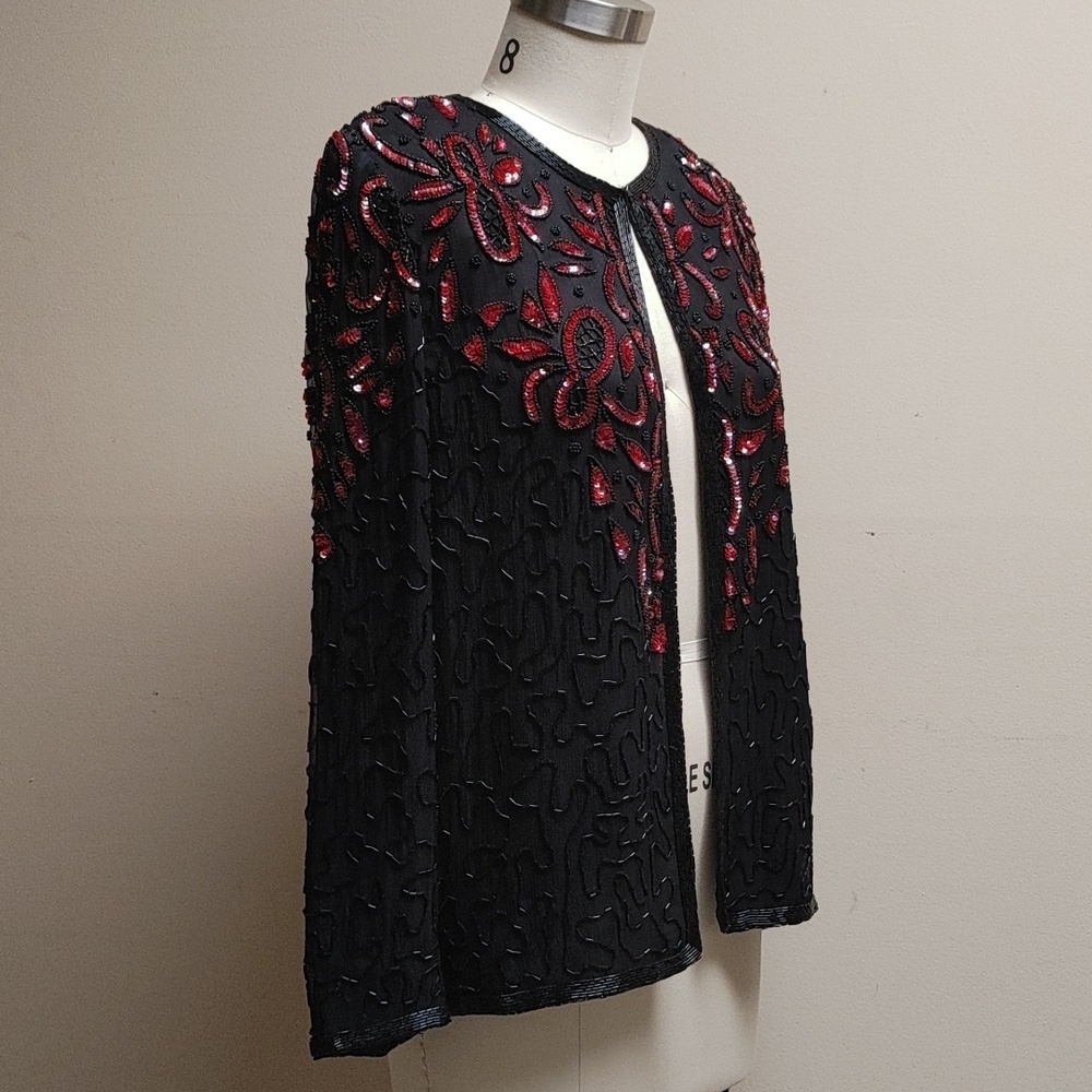AP Ltd Black Silk Beaded w Red Sequins Top Size M - Picture 6 of 15